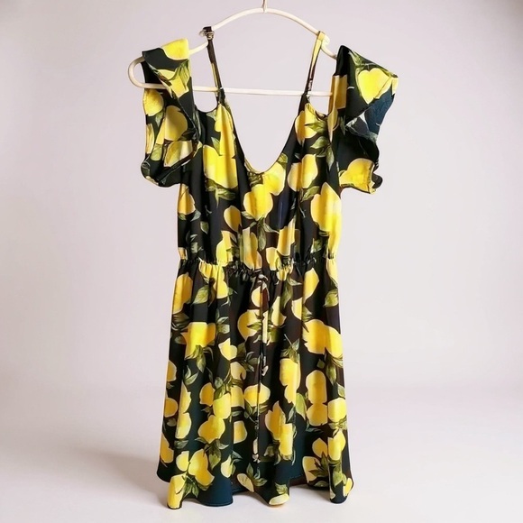 Women’s Rosette Spring Blue Dress With Yellow Lemons Flutter Sleeve Chiffon M - Picture 5 of 14